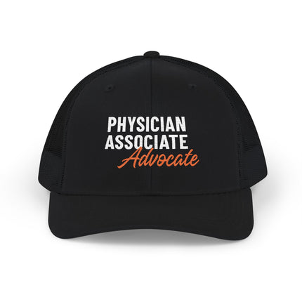 Black trucker hat embroidered with "Physician Associate" in white text and "Advocate" in orange script.