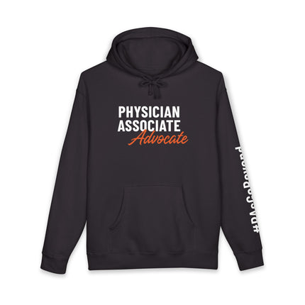 Black hoodie printed with "Physician Associate" in white text and "Advocate" in orange script on the front, with "#PAsGoBeyond" printed vertically down the sleeve.