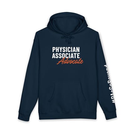 Navy hoodie printed with "Physician Associate" in white text and "Advocate" in orange script on the front, with "#PAsGoBeyond" printed vertically down the sleeve.