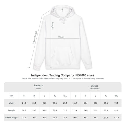 Size chart for the Independent Trading Company IND4000 hoodie showing width, length, and sleeve length measurements in inches and centimeters for sizes S, M, L, XL, and 2XL.