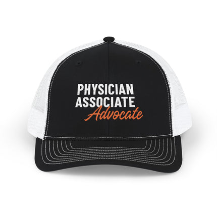 Black and white trucker hat embroidered with "Physician Associate" in white text and "Advocate" in orange script.