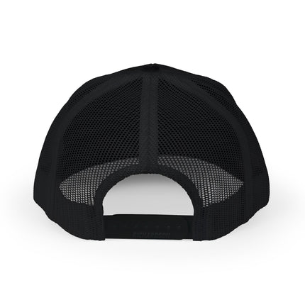 Back view of a black mesh trucker hat with an adjustable snapback closure.