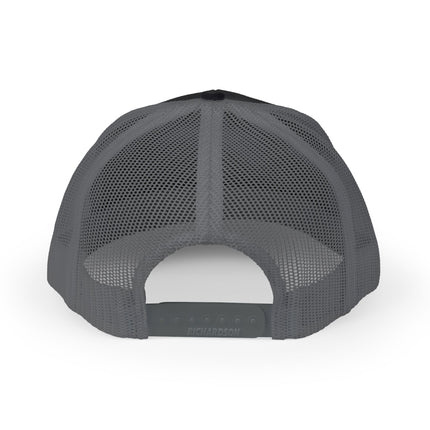 Back view of a black and grey mesh trucker hat with an adjustable snapback closure.