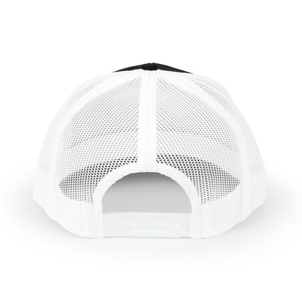 Back view of a black and white mesh trucker hat with an adjustable snapback closure.