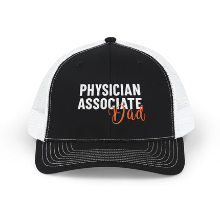 Black and white trucker hat embroidered with "Physician Associate" in white text and "Dad" in orange script.