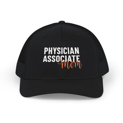 Black trucker hat embroidered with "Physician Associate" in white text and "Mom" in orange script.