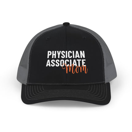 Black and grey trucker hat embroidered with "Physician Associate" in white text and "Mom" in orange script.