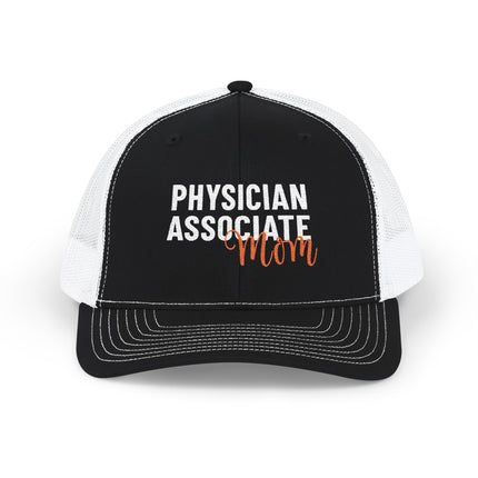 Black and white trucker hat embroidered with "Physician Associate" in white text and "Mom" in orange script.