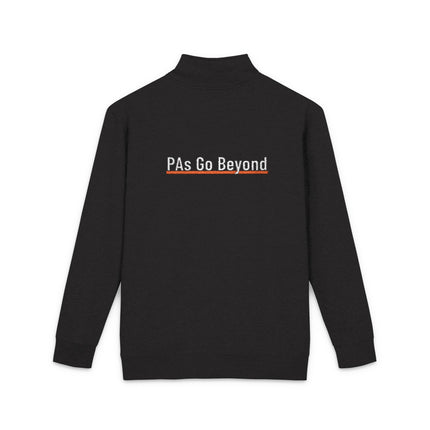 Back view of a black quarter-zip fleece pullover with "PAs Go Beyond" embroidered in white text, underlined in orange, across the upper back.