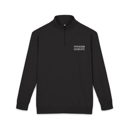 Black quarter-zip fleece pullover with "Physician Associate" embroidered in white text on the left chest.