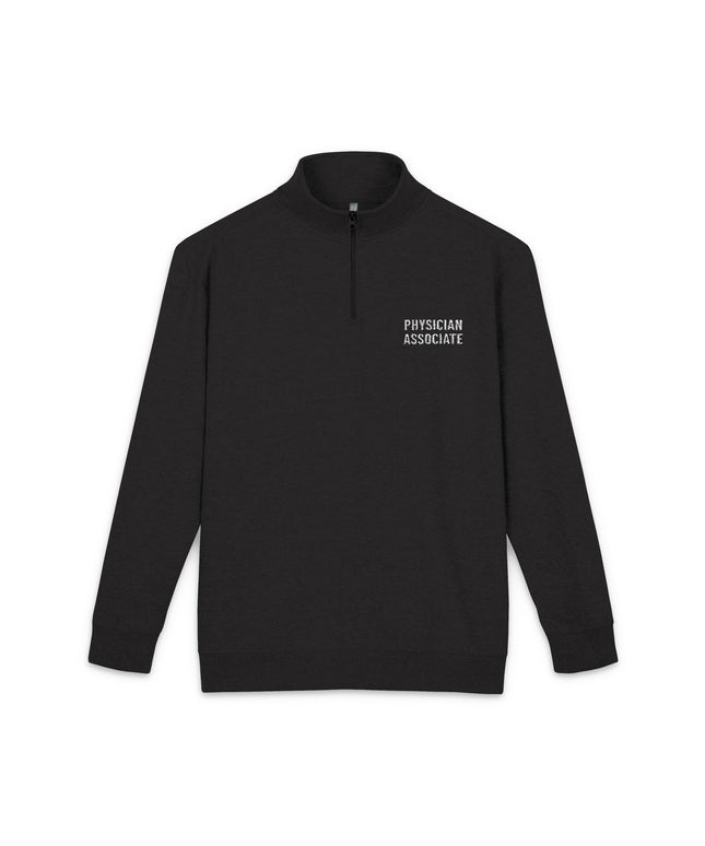 Black quarter-zip fleece pullover with "Physician Associate" embroidered in white text on the left chest.