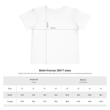 Size chart for the Bella+Canvas 3001T toddler t-shirt showing width and length measurements in inches and centimeters for sizes 2T, 3T, 4T, and 5T.